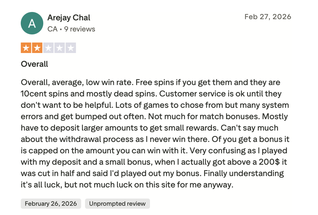 Critiche alle offerte bonus SPINMAMA su Trustpilot 27 febbraio 2026