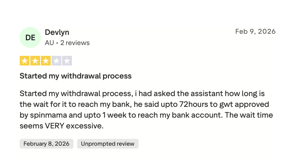 Recensione processo di prelievo SPINMAMA su Trustpilot 9 febbraio 2026