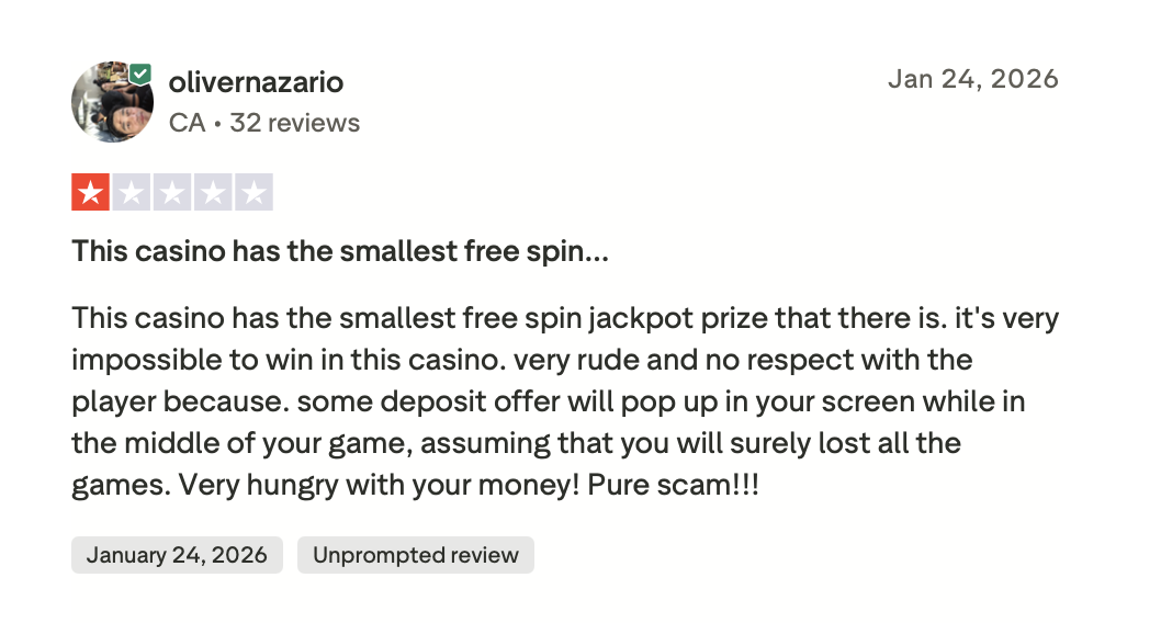 Critica jackpot free spins SPINMAMA su Trustpilot 24 gennaio